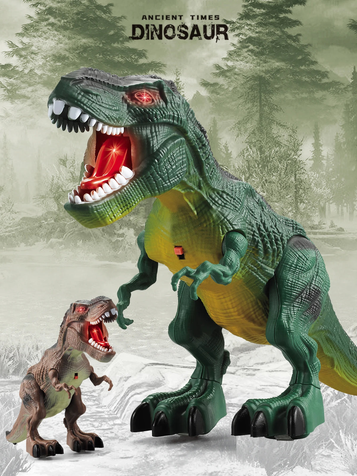 A green dinosaur toy T-Rex with realistic movement stands over a smaller, similar dinosaur in a snowy forest setting.