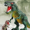 A green dinosaur toy T-Rex with realistic movement stands over a smaller, similar dinosaur in a snowy forest setting.