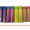 A row of scented drawstring trash bags in yellow, purple, beige, and pink colors.