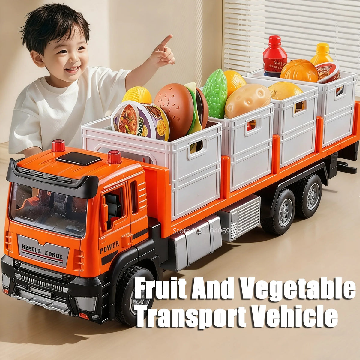 An orange and white diecast truck model transporting various fruits and vegetables.