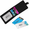 A black card sleeve for RFID protection with a purple and blue card inside.