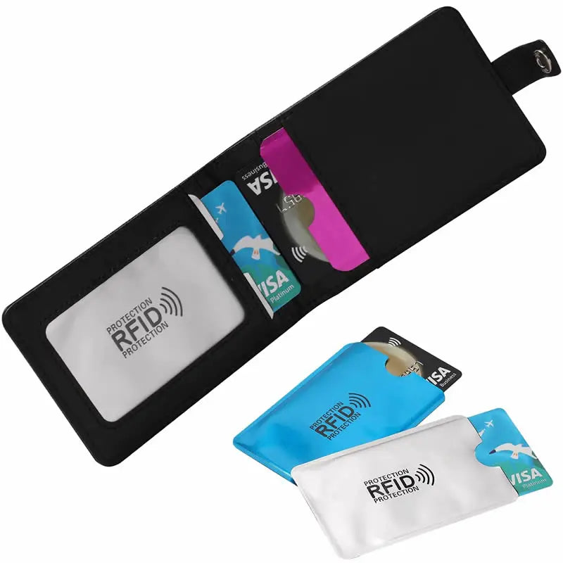 A black card sleeve for RFID protection with a purple and blue card inside.