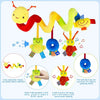 A plush spiral toy featuring a caterpillar shape with hanging rattles for baby's attention.