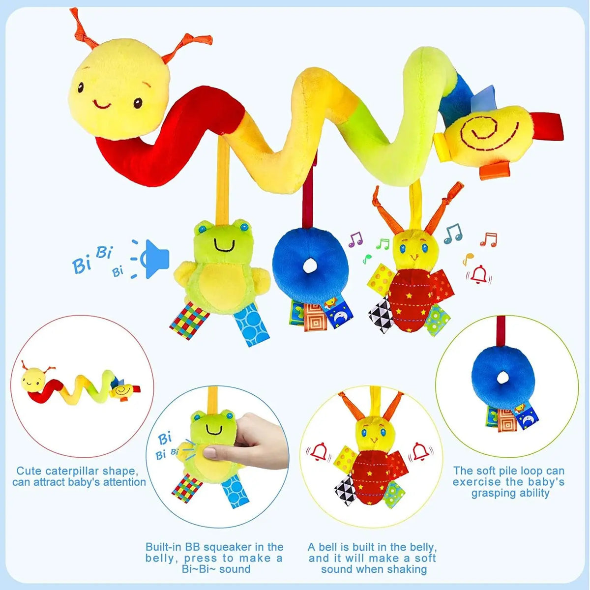 A plush spiral toy featuring a caterpillar shape with hanging rattles for baby's attention.