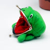 A bright green plush frog with its mouth open revealing a red lining, attached to a silver keychain.