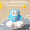 A blue owl-shaped baby crib mobile with a light projector is shown above a white cloud on a clock face.