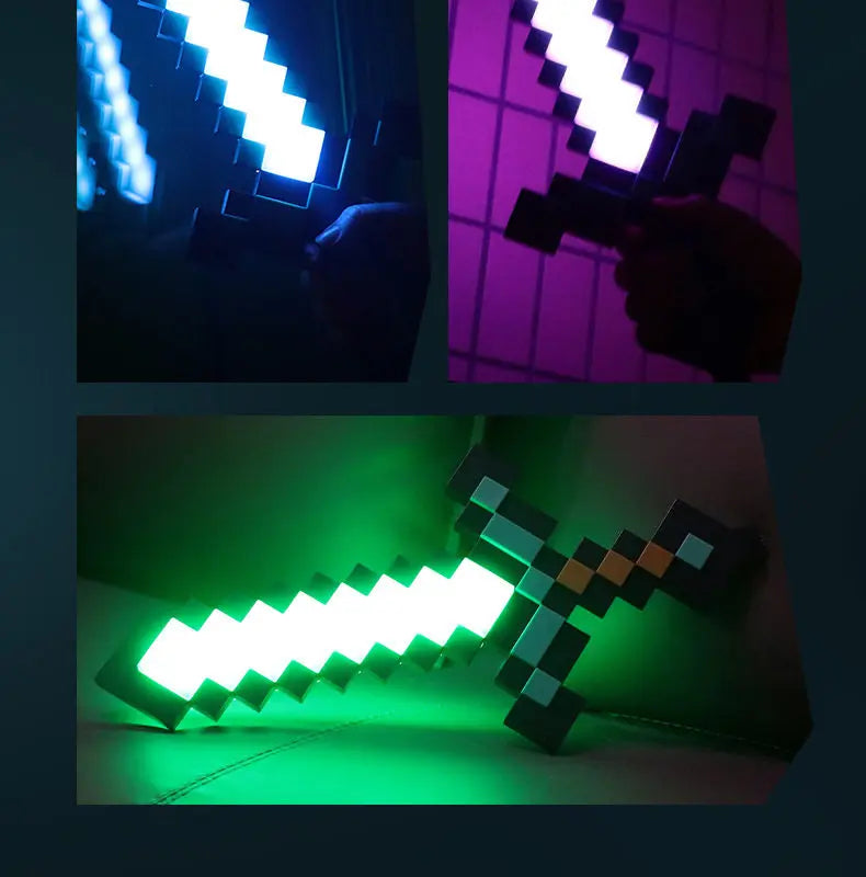 Rainbow LED diamond sword with a USB charging base illuminated in various colors.