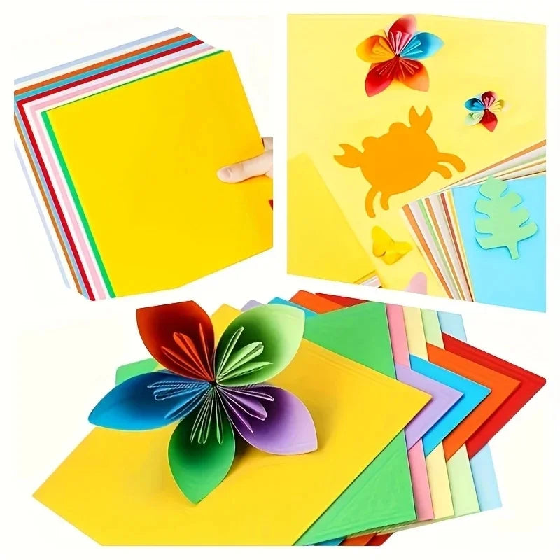 A colorful pack of 10-color origami cardstock paper sheets displayed in various folded and flat arrangements.