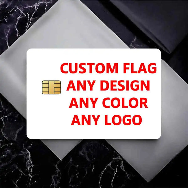 A white card with red text offering custom flag designs, colors, and logos for credit card stickers.