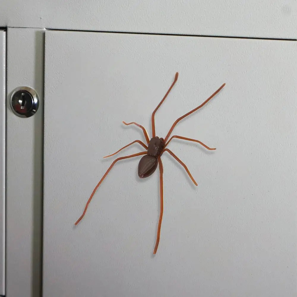 A realistic brown spider is affixed to a white refrigerator door.