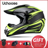 A black and neon yellow Uchoose full-face off-road helmet shown in a studio shot with accessories.