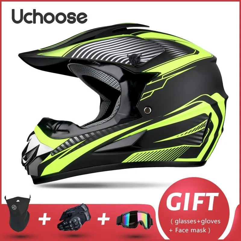 A black and neon yellow Uchoose full-face off-road helmet shown in a studio shot with accessories.