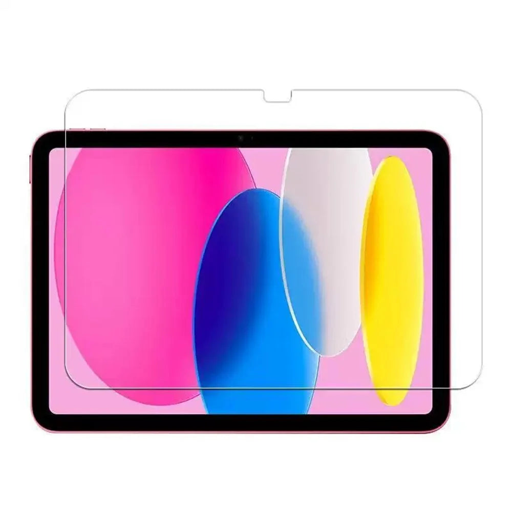 Protection d'écran en verre trempé avec des formes abstraites colorées sur un iPad.