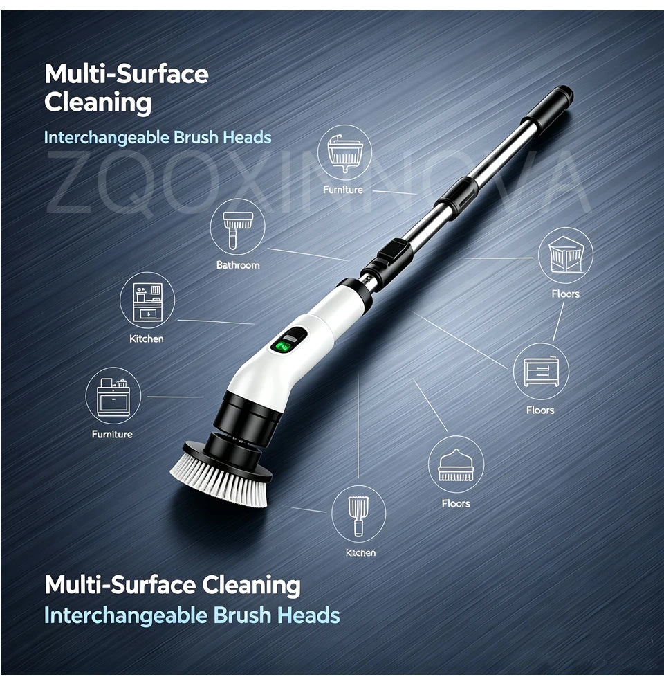 A cordless electric spin scrubber with interchangeable brush heads is shown cleaning various surfaces like kitchen, bathroom,
