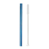 A reusable 304 stainless steel drinking straw with a cleaning brush, shown vertically.