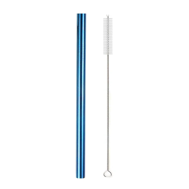 A reusable 304 stainless steel drinking straw with a cleaning brush, shown vertically.