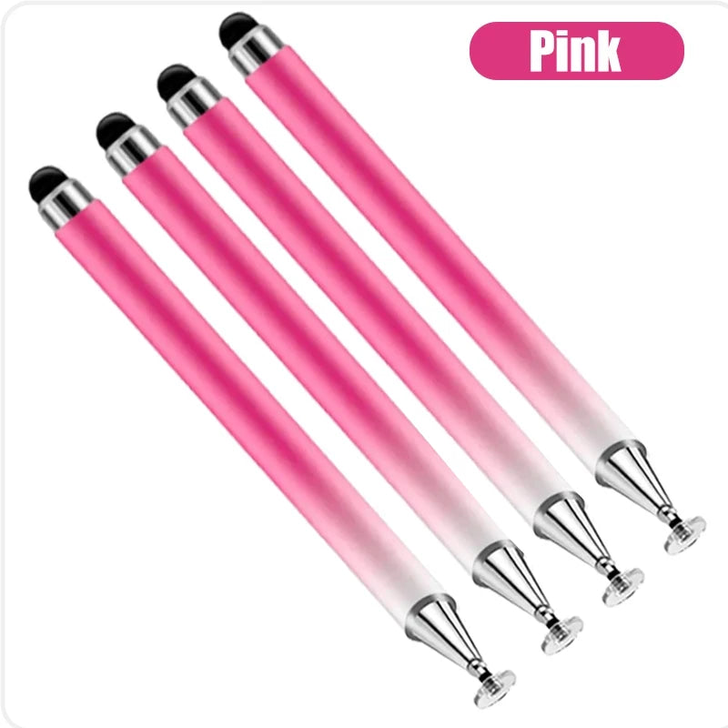 Pink 2-in-1 universal stylus pen for touchscreen devices shown in a row.