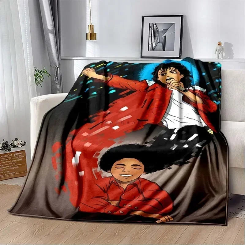 A dark fabric throw blanket featuring a vibrant illustration of Michael Jackson in a red jacket and a smiling face.
