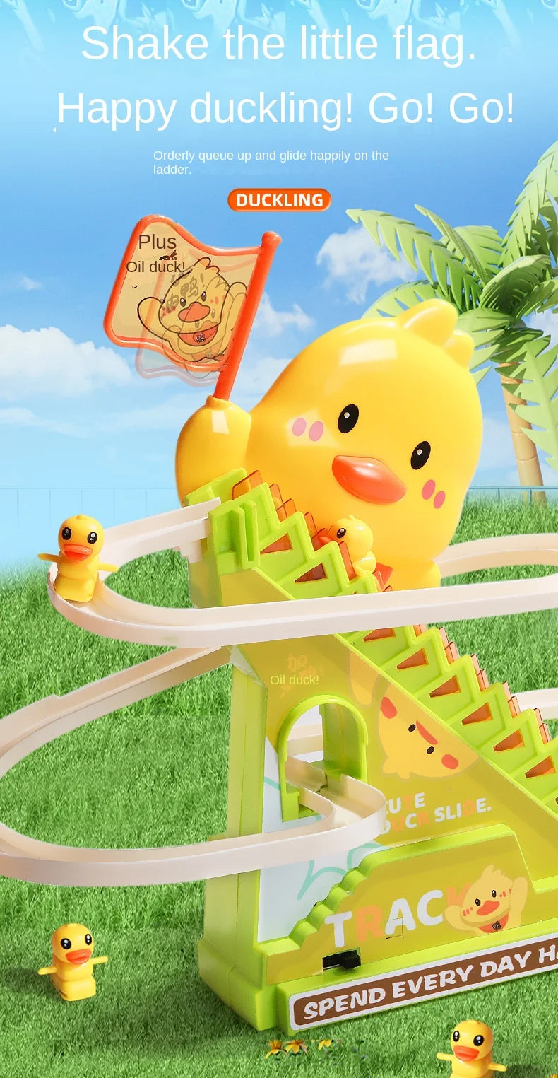A yellow duck toy is shown climbing a green plastic stair structure outdoors.