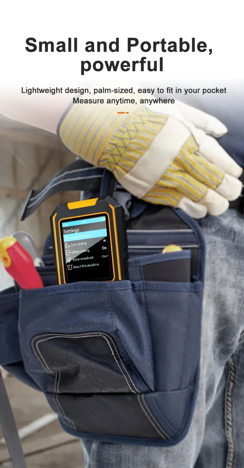 A hand wearing a yellow glove is holding a small, orange multi-function wall scanner device in a pocket.