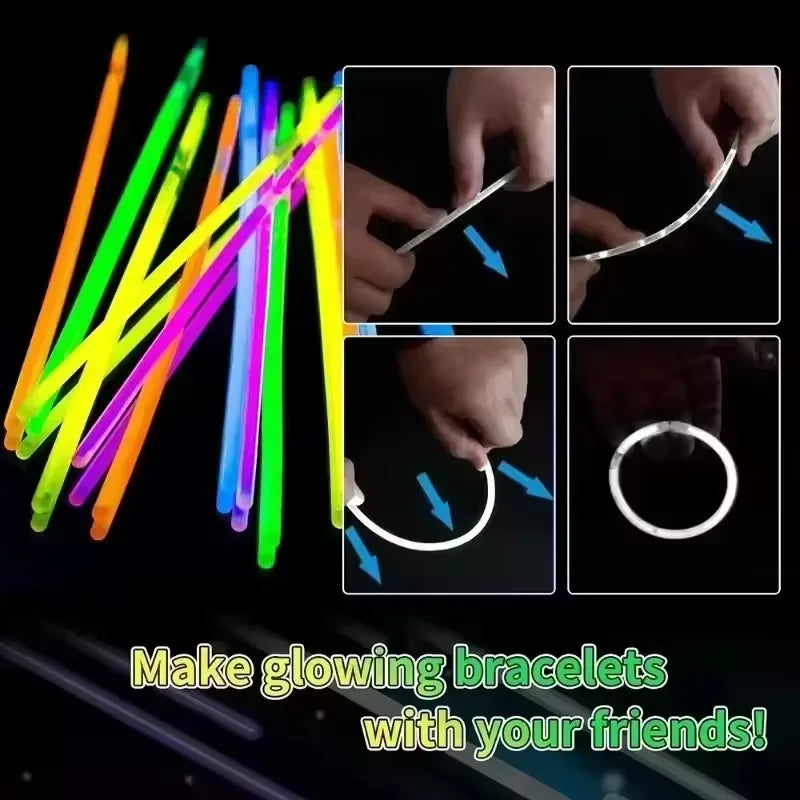 Close-up shots show how to make glowing bracelets using bendable glow sticks for parties.