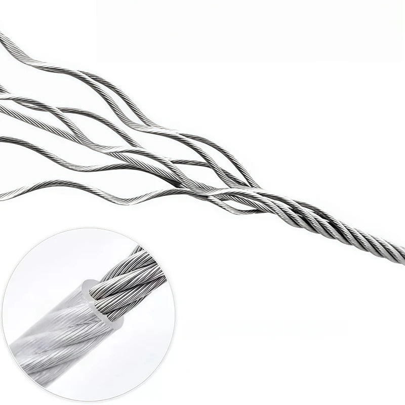 A close-up view of a stainless steel multi-purpose rope showing the twisted fibers.