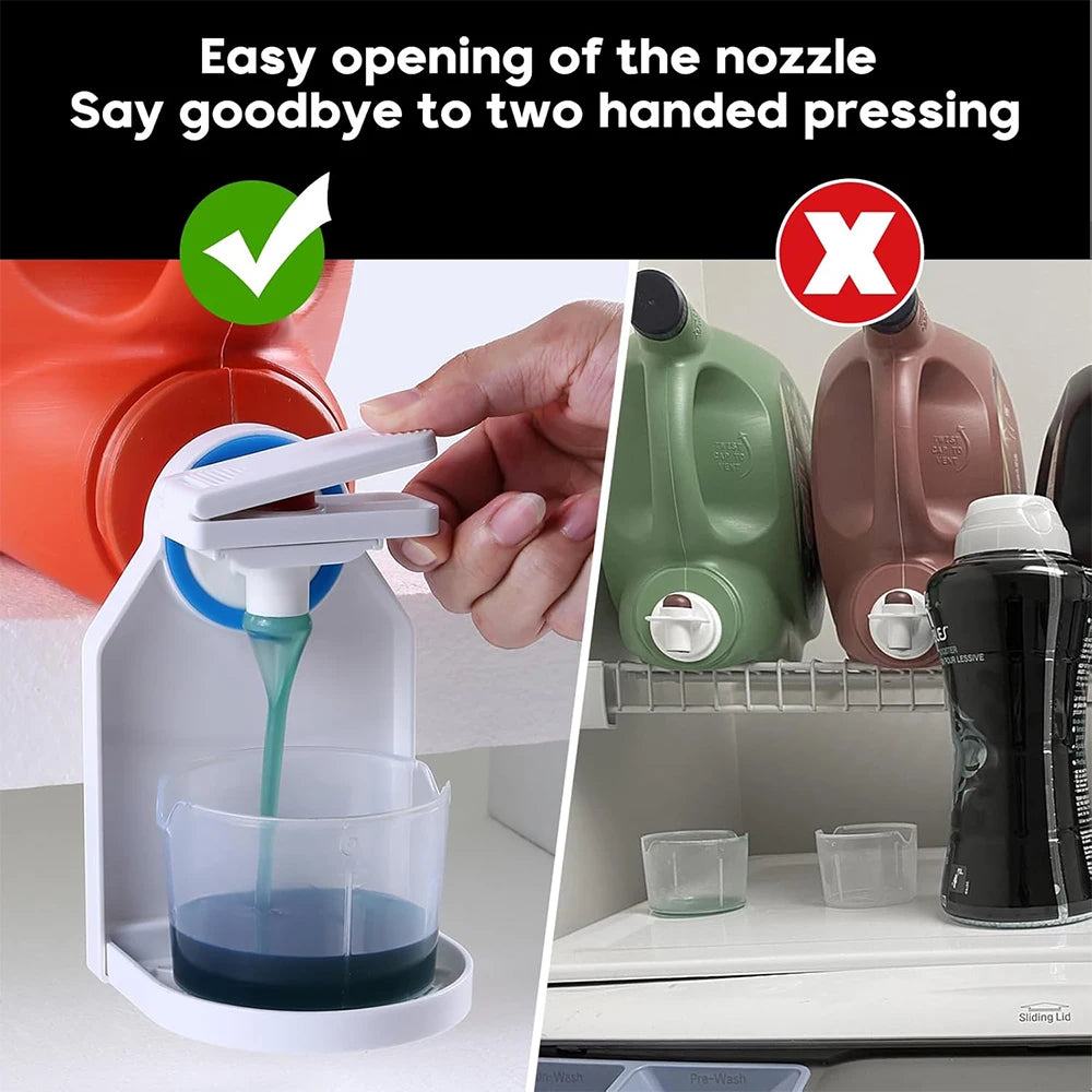 A white laundry detergent cup holder with a drip tray is shown next to two green and pink bottles, demonstrating easy opening