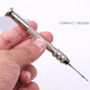 A hand holds a compact metal leather sewing awl set with replaceable needles.