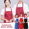 A woman models a sleeveless waist apron in red and black against a white shirt.