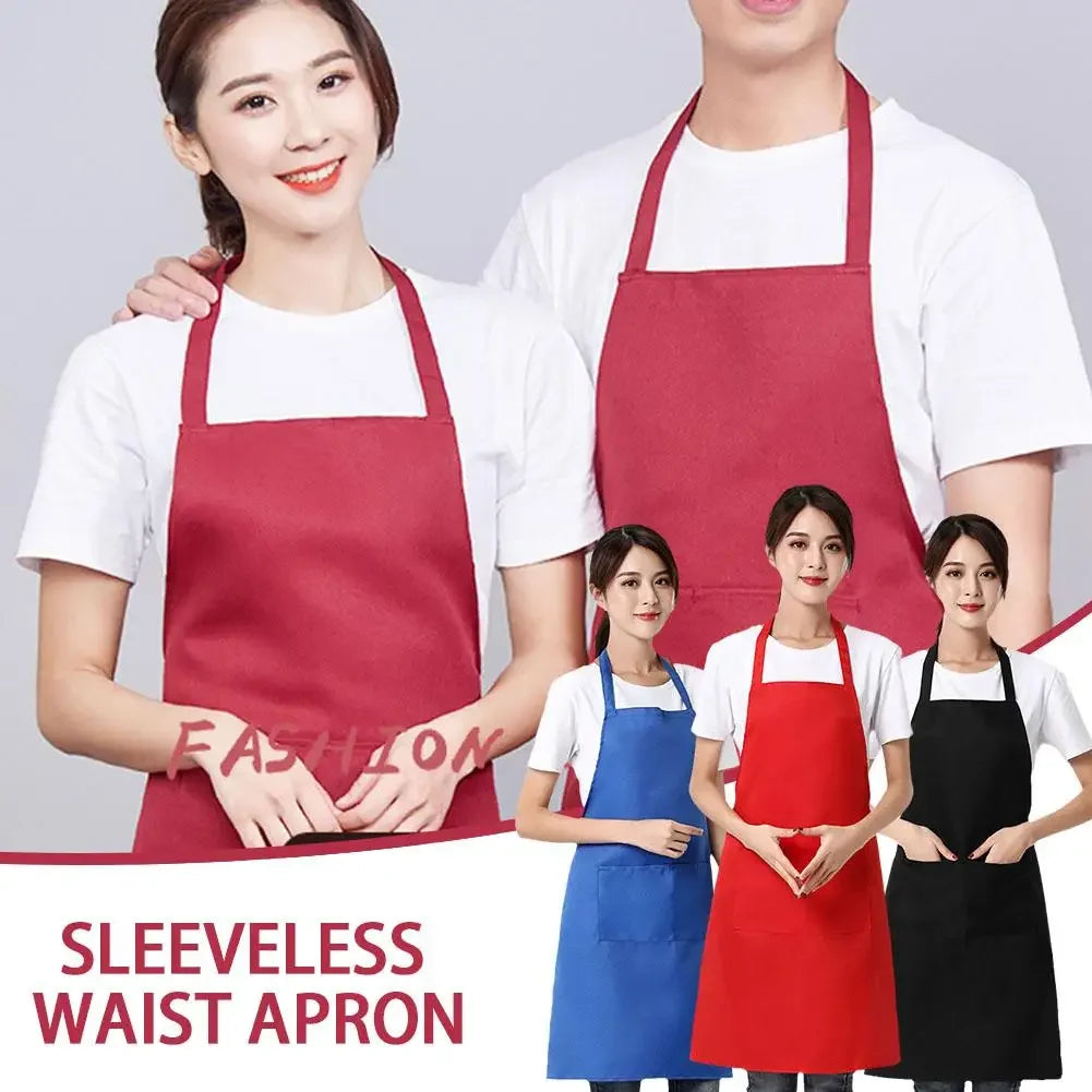 A woman models a sleeveless waist apron in red and black against a white shirt.