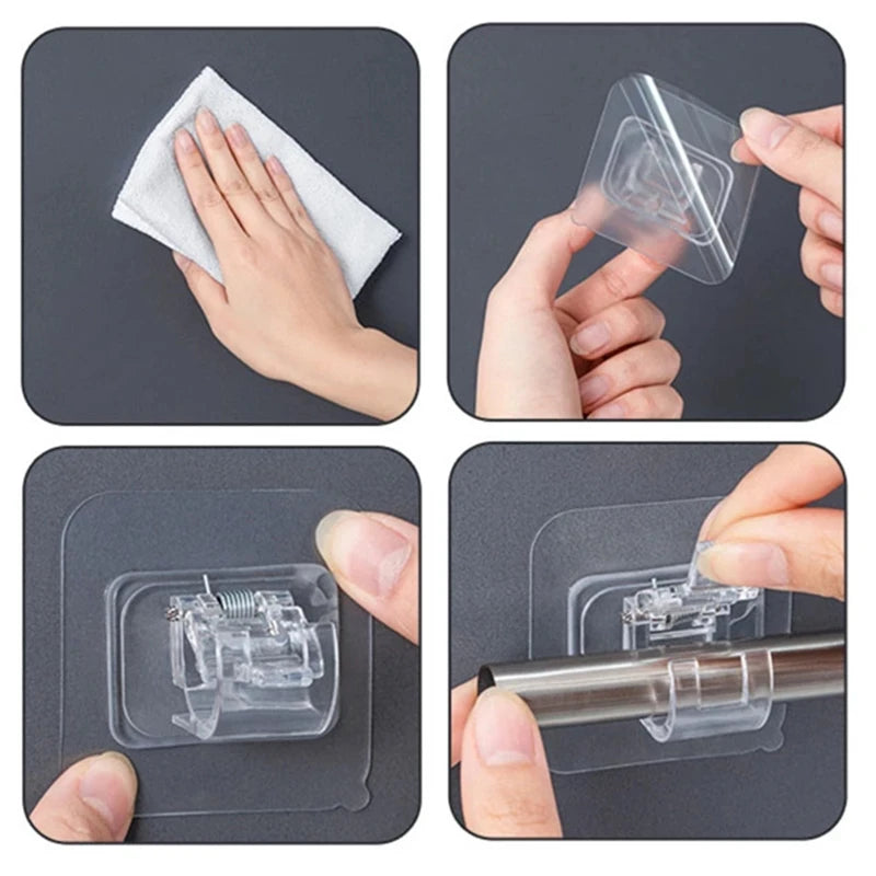 Self-Adhesive Curtain Rod Holders - No-Drilling Clamp Hooks