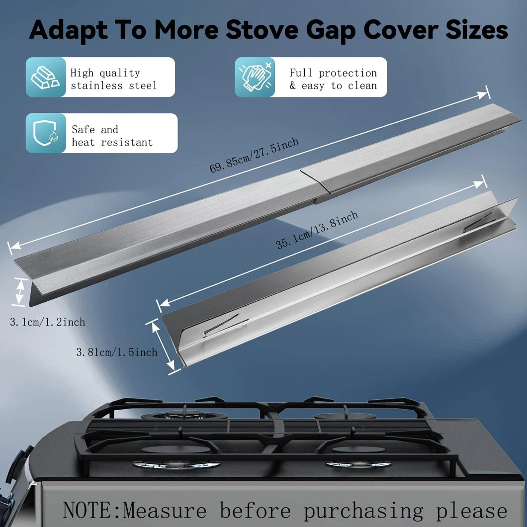 Two stainless steel stove gap covers shown with dimensions and protection features