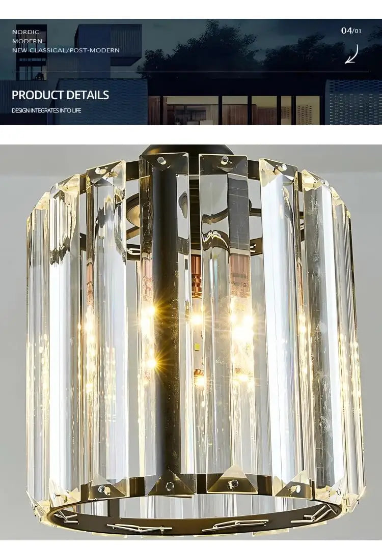 A modern crystal pendant light featuring a clear glass shade and an iron frame, illuminated from within.