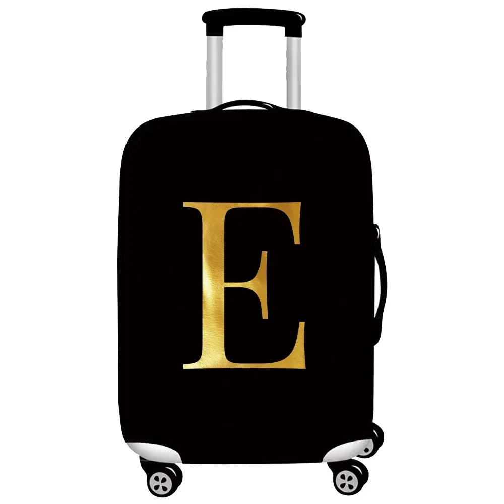 Black rolling suitcase with a gold letter E print on the side.