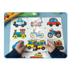 A set of colorful puzzle cards featuring various vehicles and animals for a toddler matching game