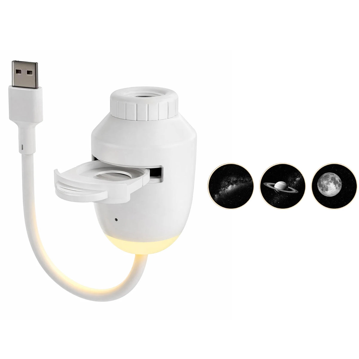 A white 2-in-1 mini galaxy star projector night light with a USB connector and three star patterns displayed.