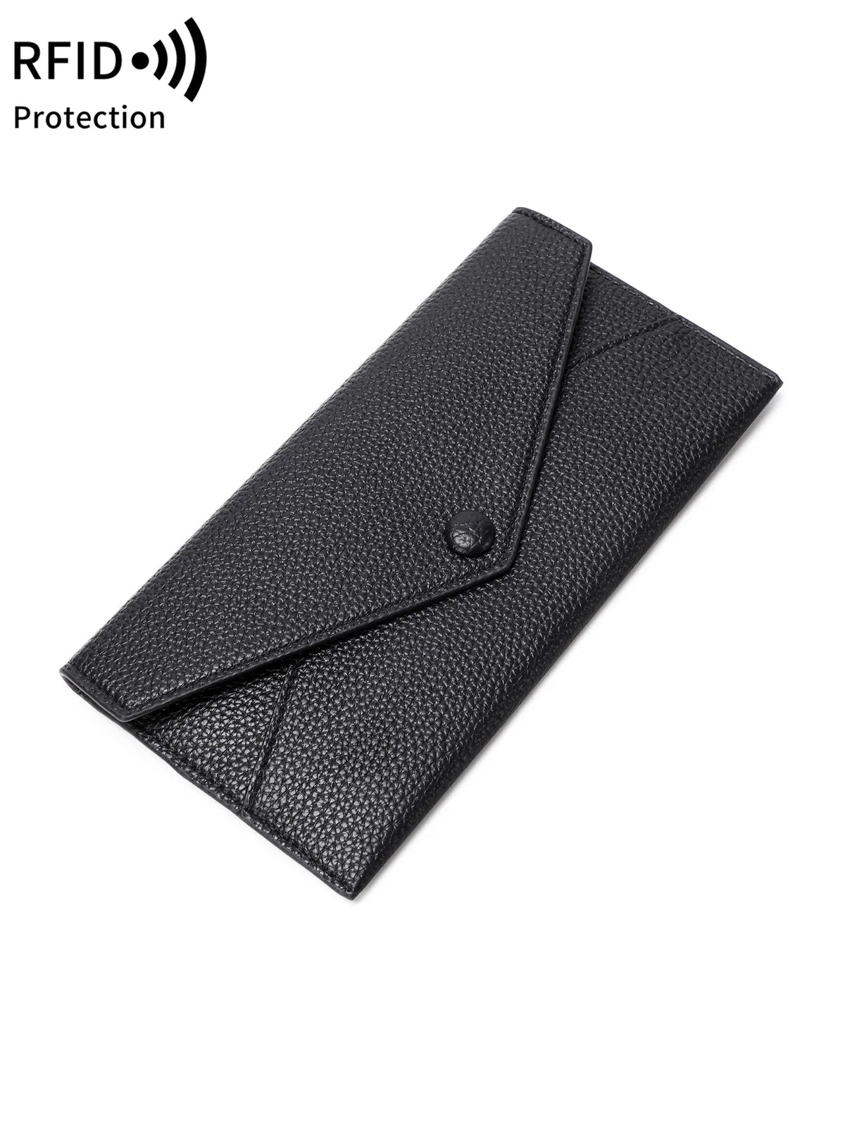 A black slim RFID-blocking PU leather wallet folded and displayed on a white background.