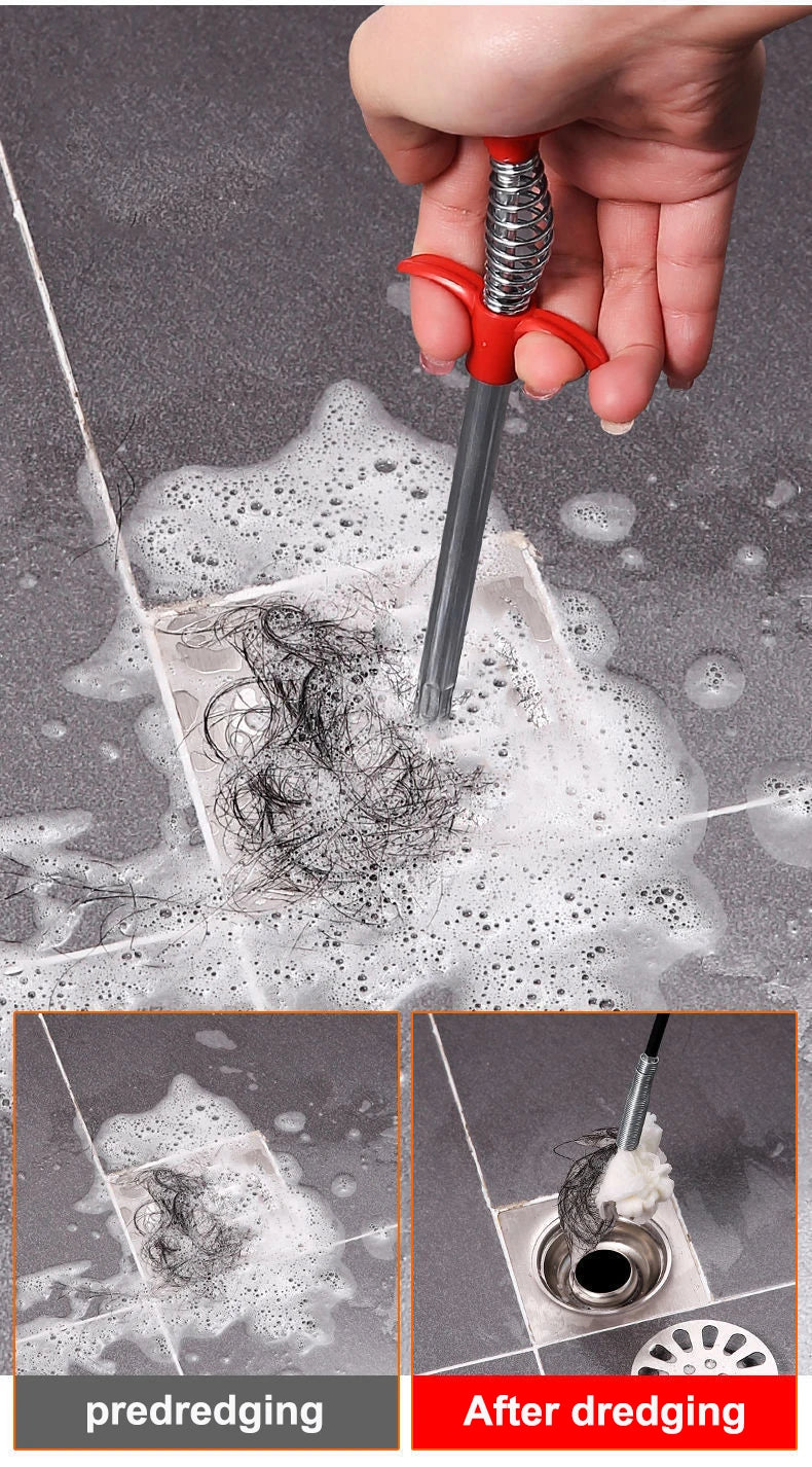 A hand holds a drain clog remover tool with a flexible wire, demonstrating the process of predredging and after dredging.