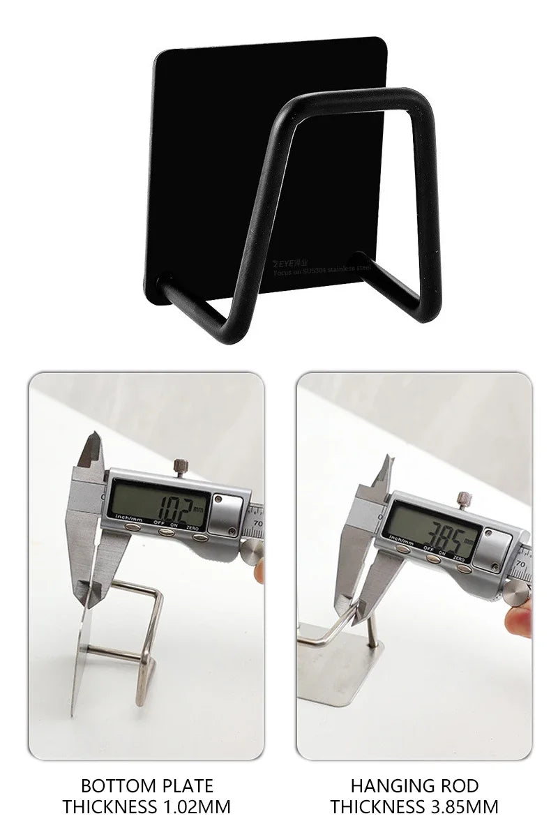 Stainless steel wall-mounted sponge holder featuring a bottom plate thickness of 1.02mm and a hanging rod thickness of 3.85mm
