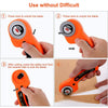 Instructions for using a rotary cutter sewing kit, showing steps to unlock and lock the blade.