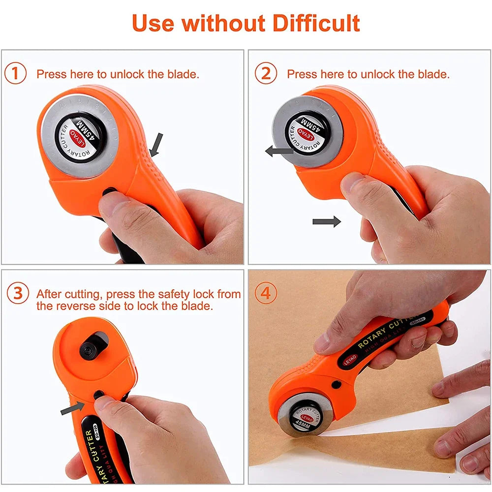 Instructions for using a rotary cutter sewing kit, showing steps to unlock and lock the blade.