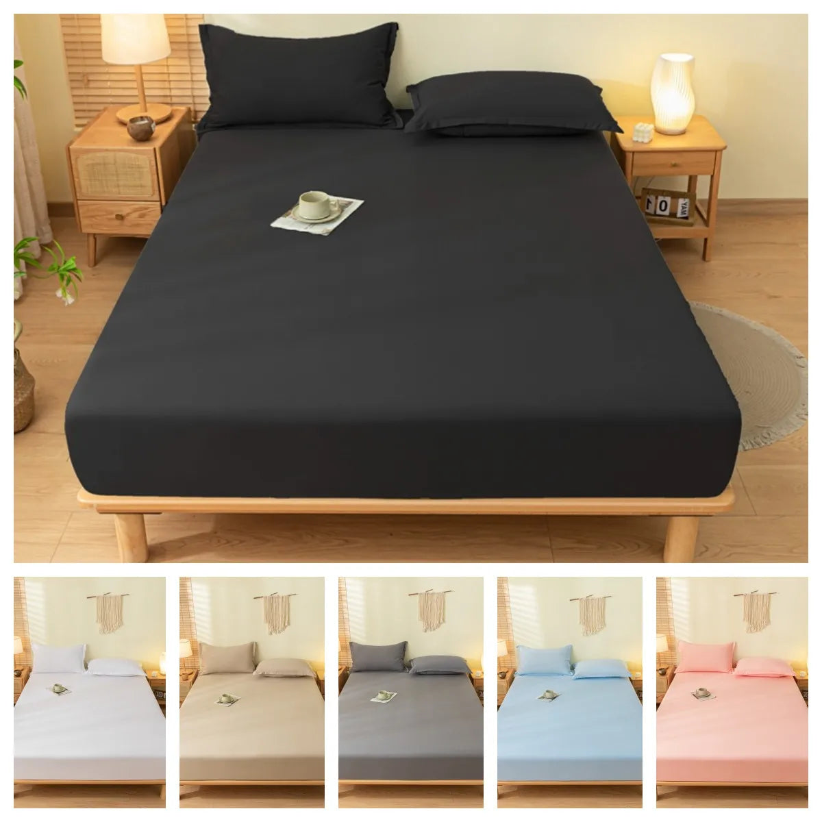 A collection of soft brushed fitted sheets in various colors including gray, beige, blue, and pink displayed on a wooden bed 