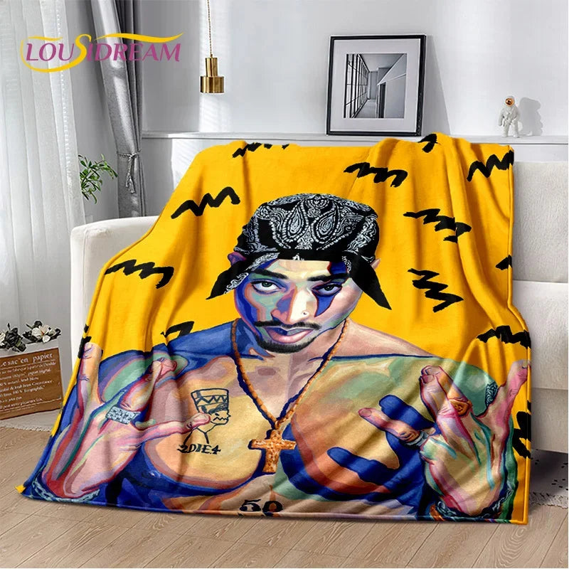 A vibrant throw blanket featuring a portrait of Eminem and 2Pac in a stylized hip-hop theme.