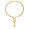 Gold car steering wheel rosary with a cross hanging