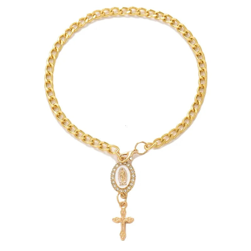 Gold car steering wheel rosary with a cross hanging