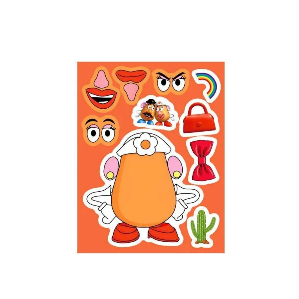 A set of reusable stickers featuring characters from Toy Story including Woody, Buzz Lightyear, and friends on an orange back