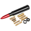 A black radio antenna with a red tip and several brass screws is shown.