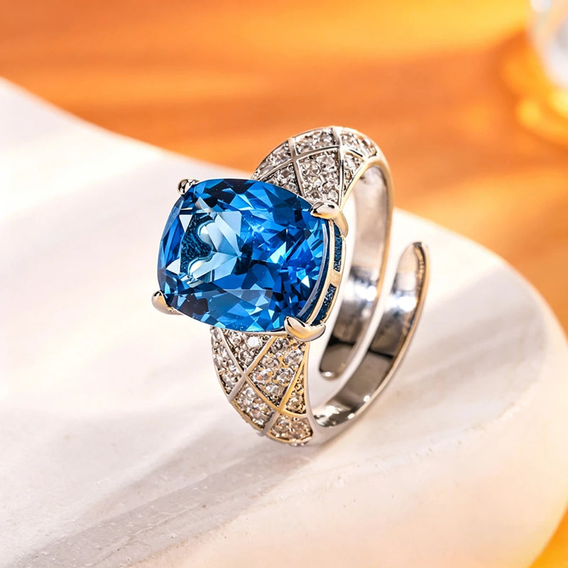Adjustable Silver-Plated Cushion-Cut CZ Statement Ring