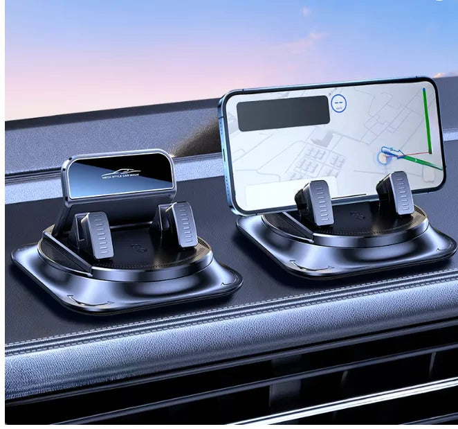 A black car phone mount with a smartphone resting on it, featuring a nano-gel base and a rotating mechanism.