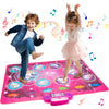 A pink interactive music dance mat with lights featuring two young children dancing on it.